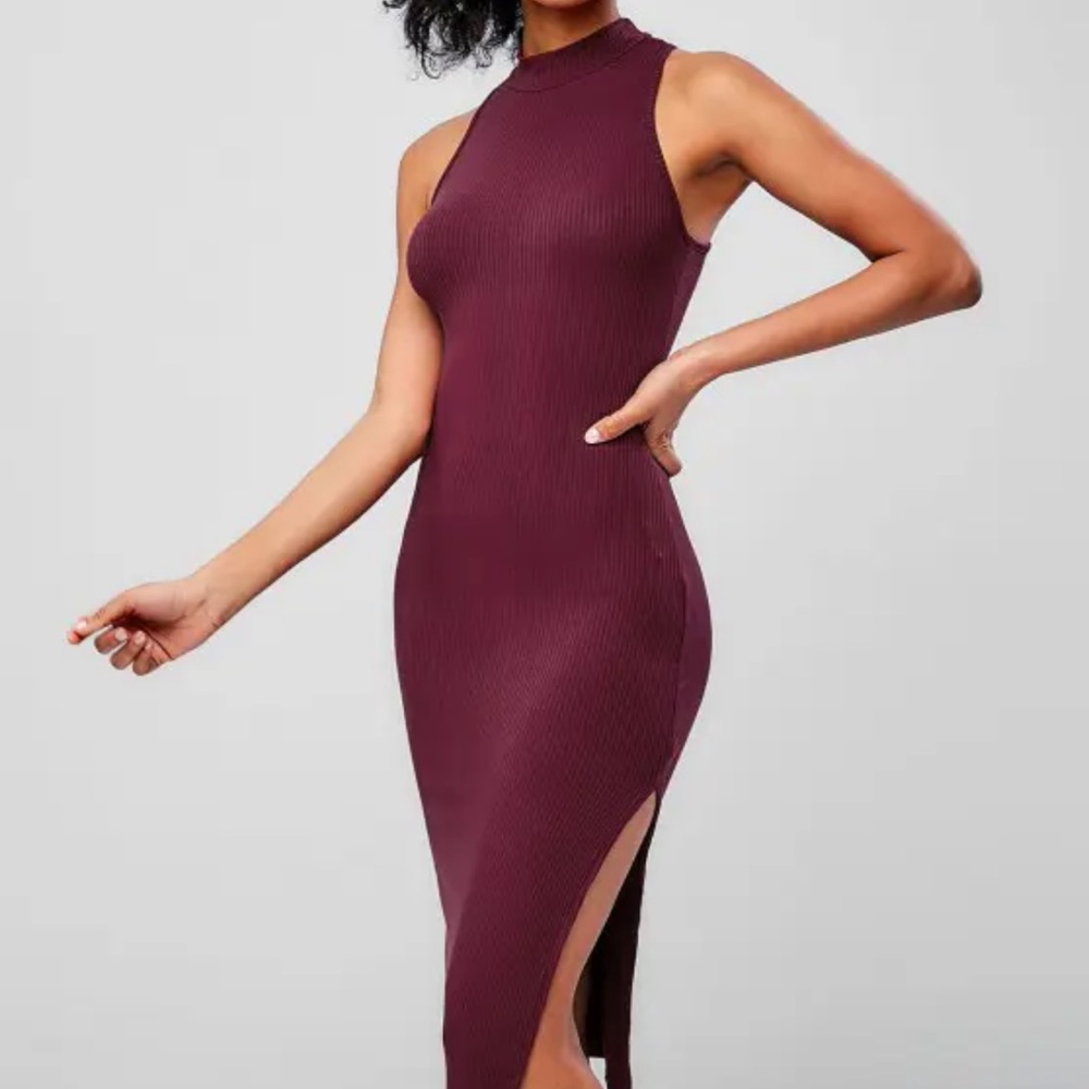 Mock Neck Split Side Ribbed Pencil Dress